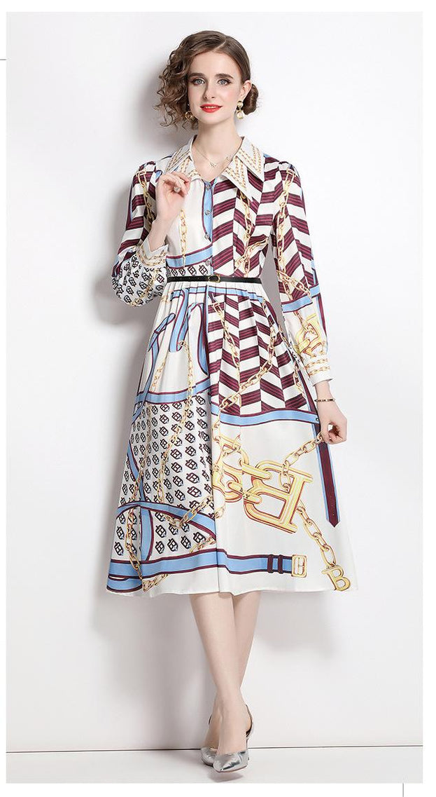 Fashion Vintage Print Dress Lapel Long-Sleeved Temperament Slim MIDI