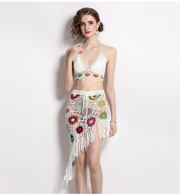 Hand Hook Knitted Hollowed Out V-neck Blazer Top and Irregular Fringed Skirt