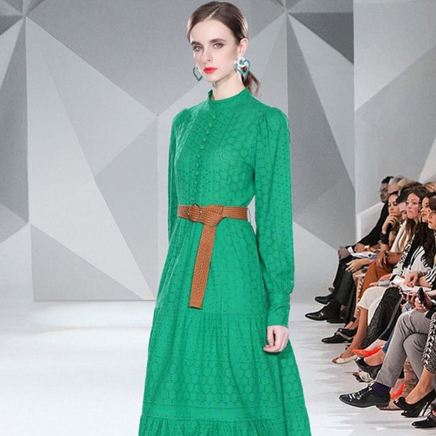Spring Long Sleeve Hollowed Out Heavy Industry Embroidery Dress