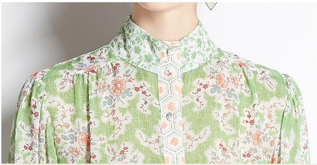 Fashion National Style Retro Stand-up Collar Lantern Sleeve Printed Long Skirt Dress