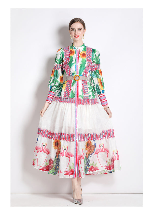 Resort Style Print Long Skirt Retro Fashion Sweet Lantern Sleeve Color Bump Stand Collar Dress