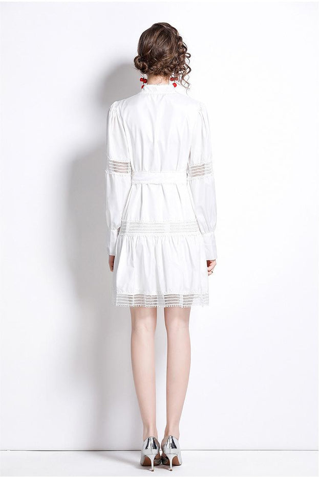 Thin Lace Patchwork Lantern Sleeve White Dress