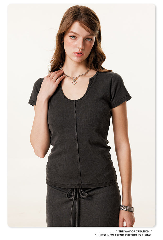 Solid-color Hot Girl Batik Aged Pullover Cotton Top