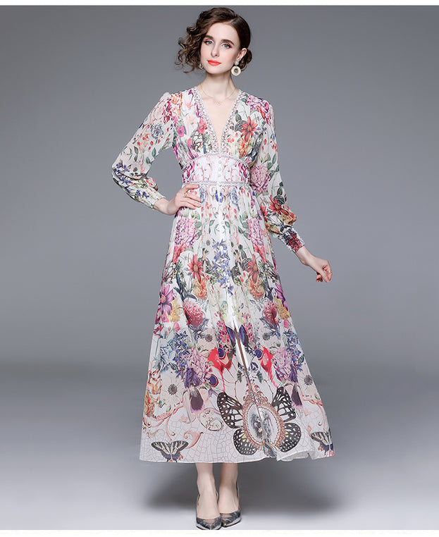 Early Spring Holiday V-neck Long Sleeve Printed Dress