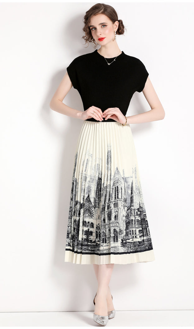 Black Knit and High-Waisted Printed Skirt Two-piece Set Dress