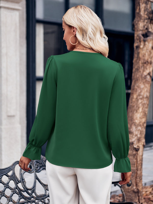 Casual Versatile V-Neck Lace-Trimmed Loose Ruffled Long Sleeve Top for Women