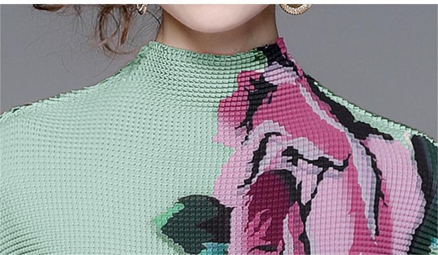 Vintage Print Pleated Short Sleeve Top and Pleated Skirt Fashion Two-Piece Suit