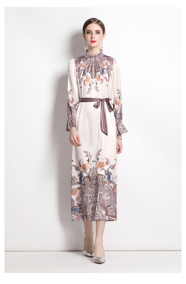 Satin Antique Print Stand Collar Flared Sleeves Lace-Up Waist Pulled into Long Skirt