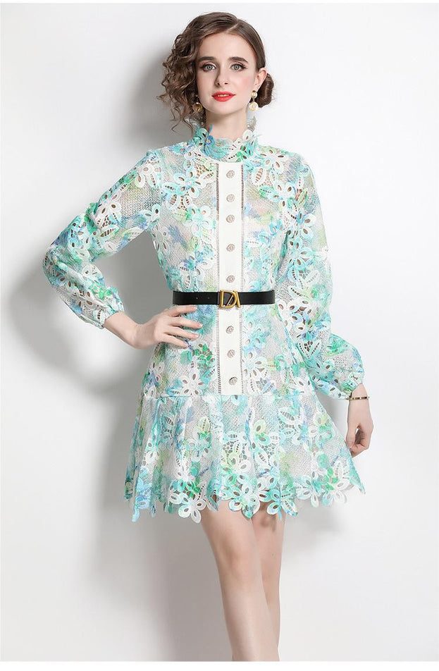 Sweet Print Water-Soluble Hook Flower Hollowed Out Bubble Long-Sleeved Skirt Dress Peplum