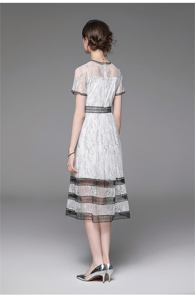 Lace Sexy Temperament Slimming Waist Show Round Neck Short Sleeve MIDI Dress