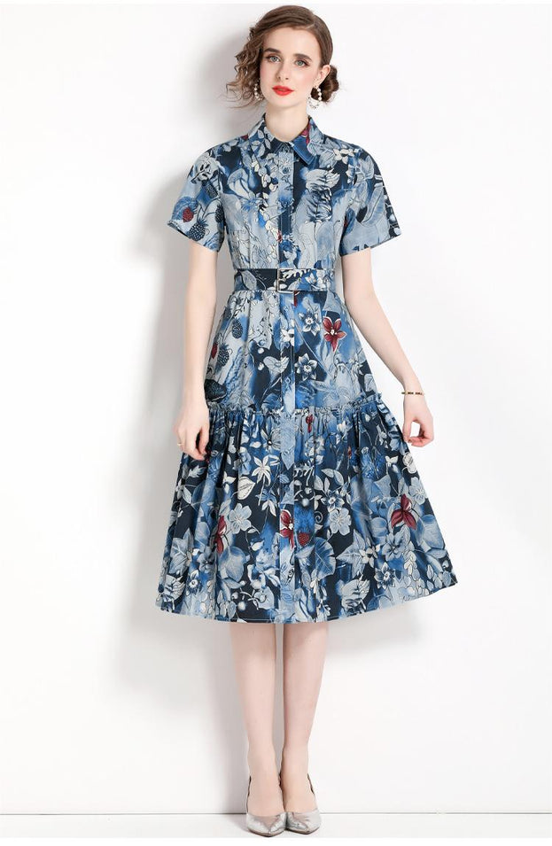 Printed Lapel Short Sleeve Waist Slimming Mid-Length Dress