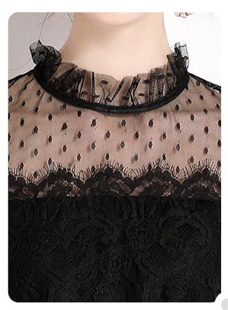 Lace stitching Mesh Yarn Waist Slimming Short Sleeve Long Dress