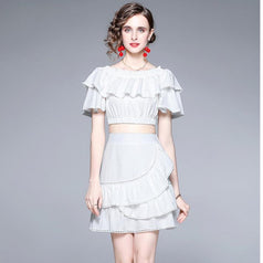 One Line Shoulder Wipe Chest Top and A Line Half Skirt Net Red Two-Piece Set