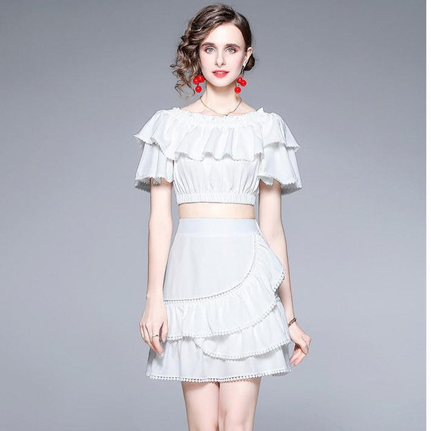 One Line Shoulder Wipe Chest Top and A Line Half Skirt Net Red Two-Piece Set