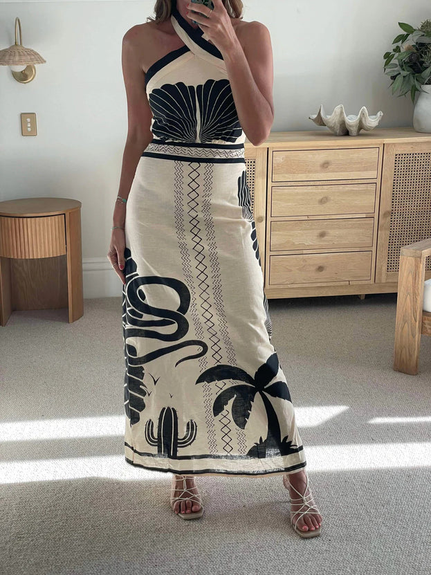 Summer Fashion Sexy Slim-Fitting Printed Long Halter Dress for Women