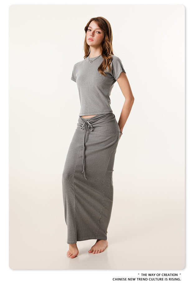 Summer Retro Round-neck Short-sleeved Crop Navel Maillard Color TOP