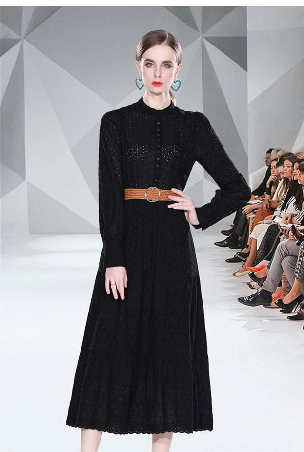 Spring Long Sleeve Hollowed Out Heavy Industry Embroidery Dress