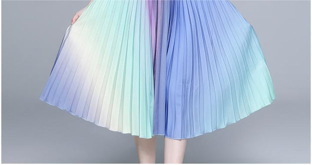 Vintage Print Pleated Short Sleeve Top and Pleated Skirt Fashion Two-Piece Suit