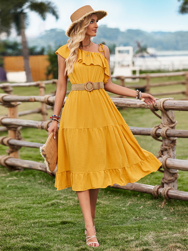 Summer Casual One-Shoulder Waisted Ruffled Pure Colour Dress for Women