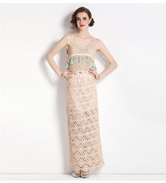 Resort Wind Hook Flower Embroidery Hollowed Out Vest Top and Long Half Skirt Two-Piece Set