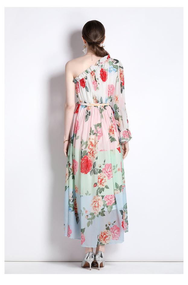 Printed Dress Chiffon Diagonal Shoulder Beach Skirt Seaside Holiday Maxi Skirt
