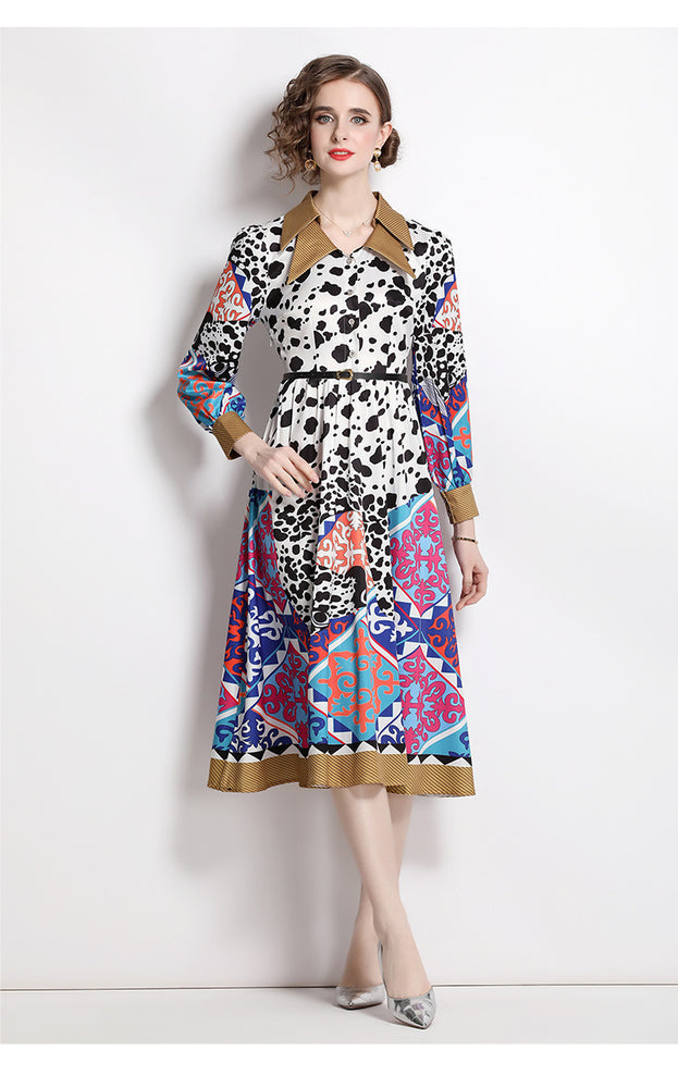 Fashion Vintage Print Dress Lapel Long-Sleeved Temperament Slim MIDI