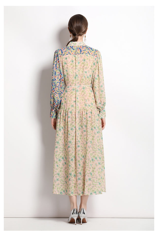 Fashion Resort Style Lapel Lantern Long-Sleeved Collision Color Print Dress