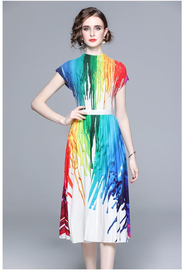 Vintage Print Pleated Short Sleeve Top and Pleated Skirt Fashion Two-Piece Suit