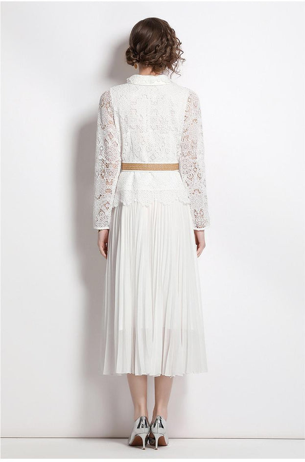 Water-Soluble Pleat Splicing Chiffon High-Waisted Lapel Long-Sleeved Fake Two-Piece Long Skirt Dress