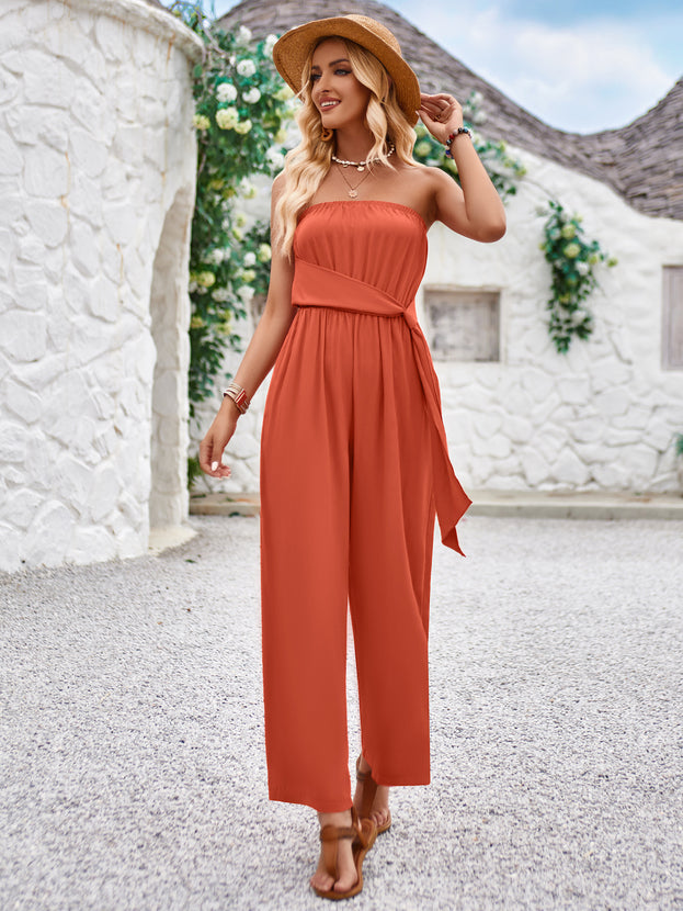Summer Fashion Casual Waist-Tie Straight Strapless Jumpsuit for Women