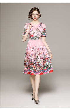 Fashion Garden Style Flower Print Short Sleeve Dress with Lining Cloth