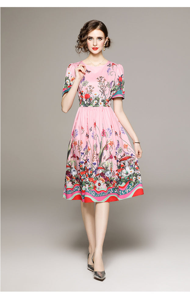 Fashion Garden Style Flower Print Short Sleeve Dress with Lining Cloth