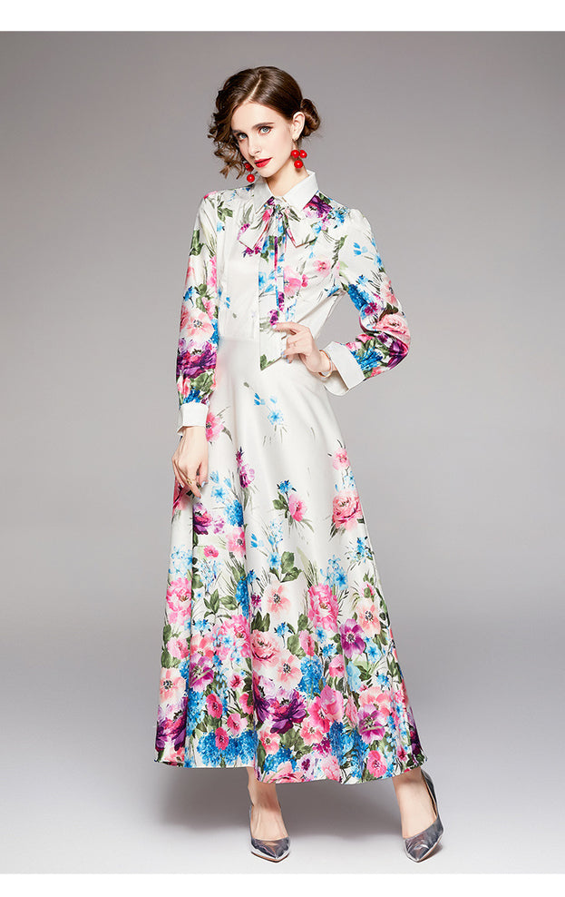 Fashion Waist-Close Thin Belt Positioning Printed Dress
