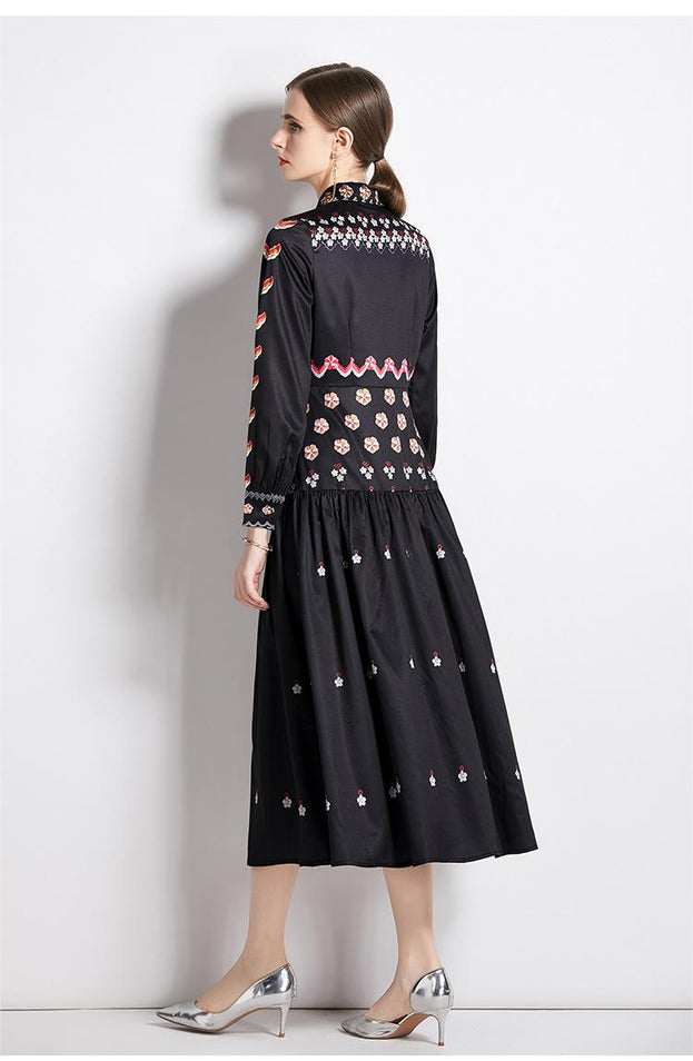 Fashion Print Vintage Lapel Long-Sleeved Slim-Looking Long Skirt Dress