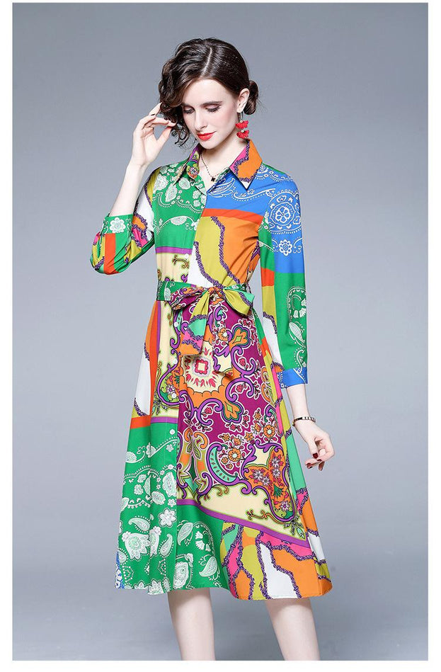 Fashion Temperament Dress Long-Sleeved Vintage Print Belt Tucked Mid-Length Skirt