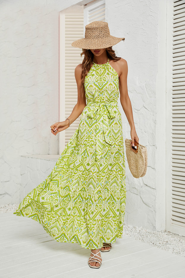 Summer Printed Fresh and Light Style Waist-Tie Halter-Neck Drawstring Dress for Women