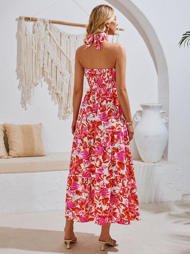 Summer Printed Waisted Loose Holiday-Style Smocked Halter Dress for Women