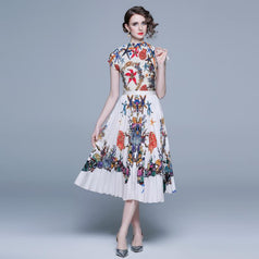 Vintage Print Pleated Short Sleeve Top and Pleated Skirt Fashion Two-Piece Suit