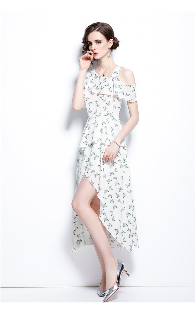 Light Luxury Small Person Summer Fashion Long Suspender Skirt Irregular Off-the-Shoulder Dress Female Summer