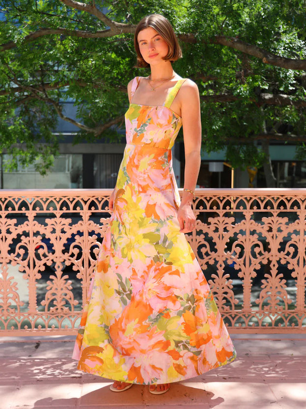 Summer Square-Neck Printed Waisted Holiday-Style Long Slip Dress for Women