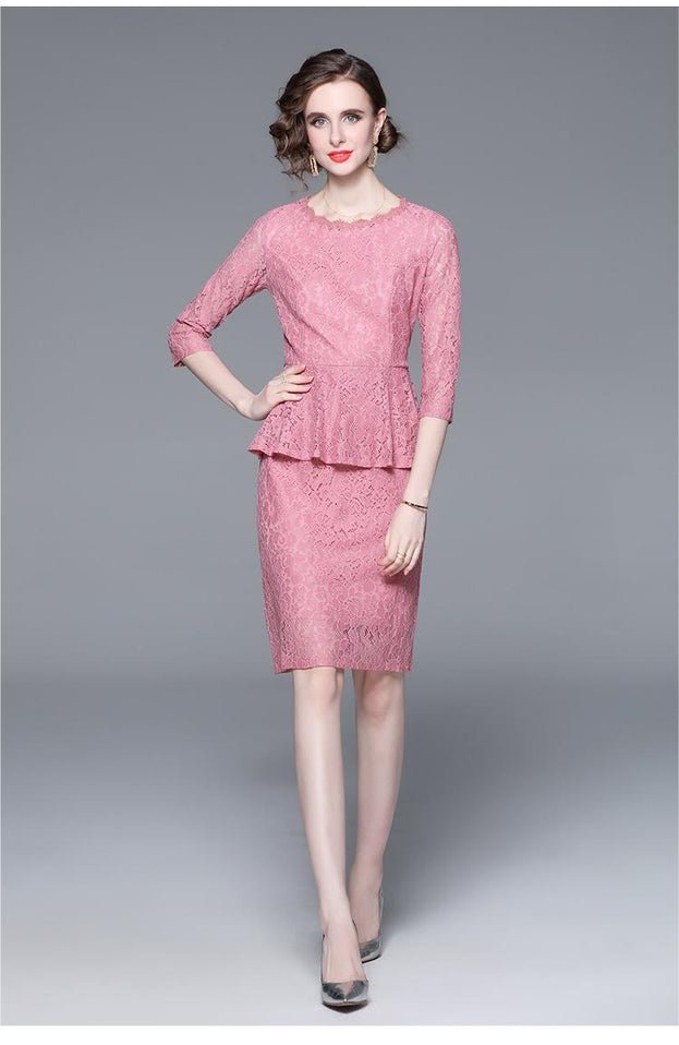 Temperament Elegant Lace Skirt Slim Slim Show Seven-Point Sleeve Mid-Skirt Dress