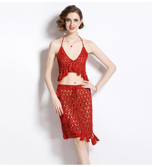 Resort-Style Hollowed Out Tassel V-Neck Strapless Suspender Top and Bag Skirt Two-Piece Set