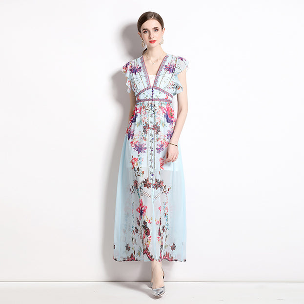 Resort Style Printed Chiffon Small Flying Sleeve V-Neck Dress Slim Long Skirt