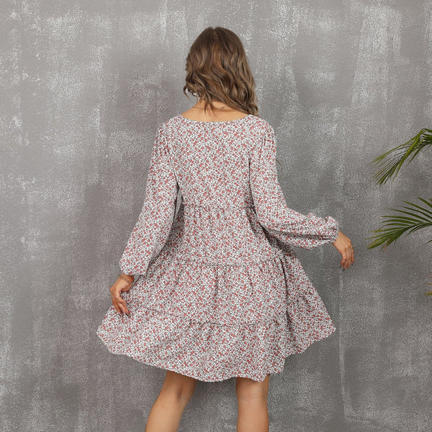 Fashion Round-Neck Long Sleeve Printed Ruffled Hem with Large Flared Dress for Women