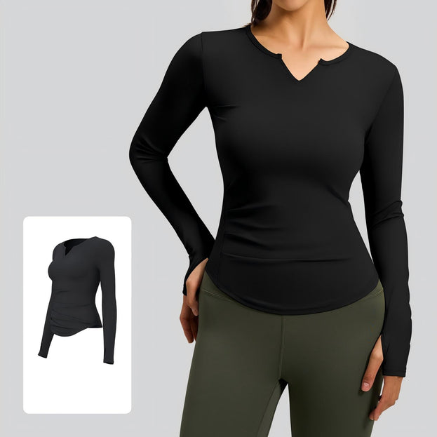 V-Neck Long-Sleeved Pleated Fitted and Slimming Sports Top