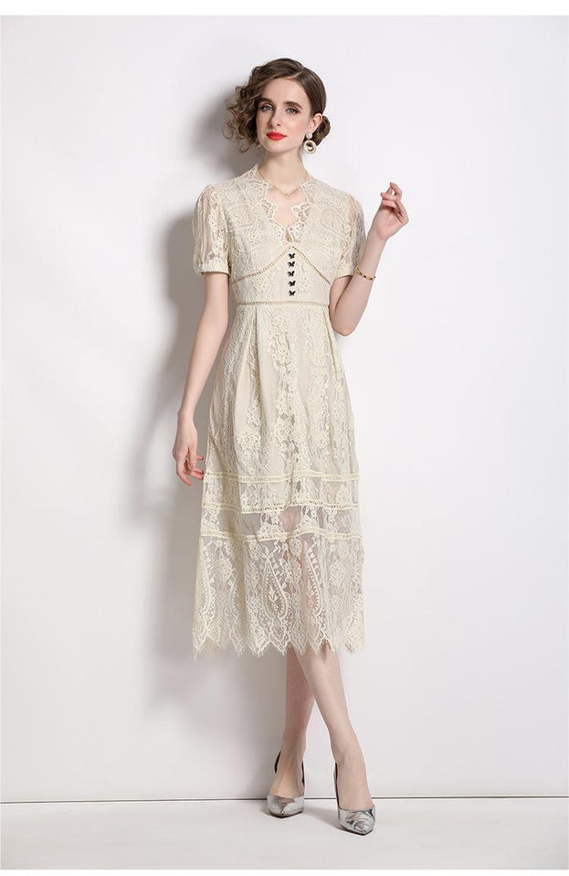 Solid Color Lace V-Neck Short Sleeve Bow Button Long Skirt Dress