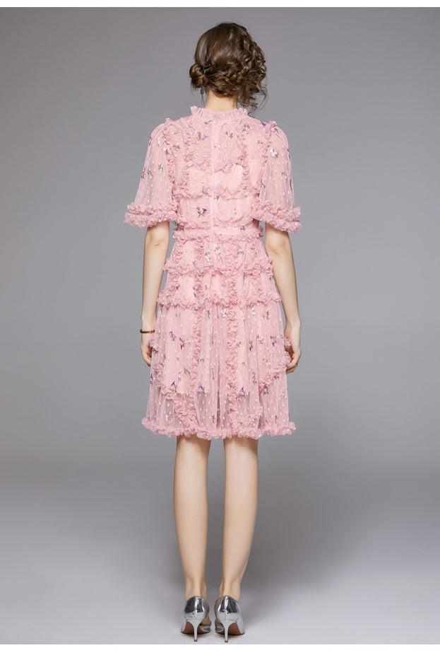 Floral Mid-Skirt Dress with Embroidered High Waist and Peplum Temperament in Pink