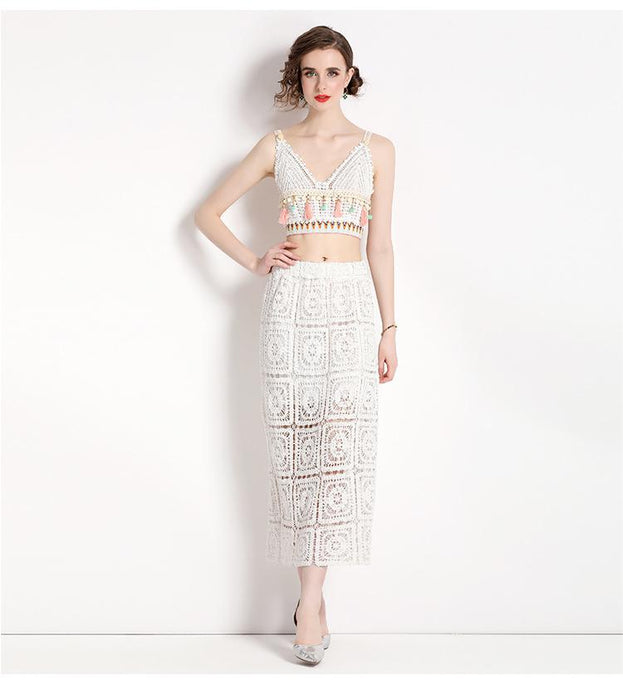 Hook Flower Embroidery Hollowed Out Short Style Suspender Top and Bag Hip Skirt Two-Piece Set