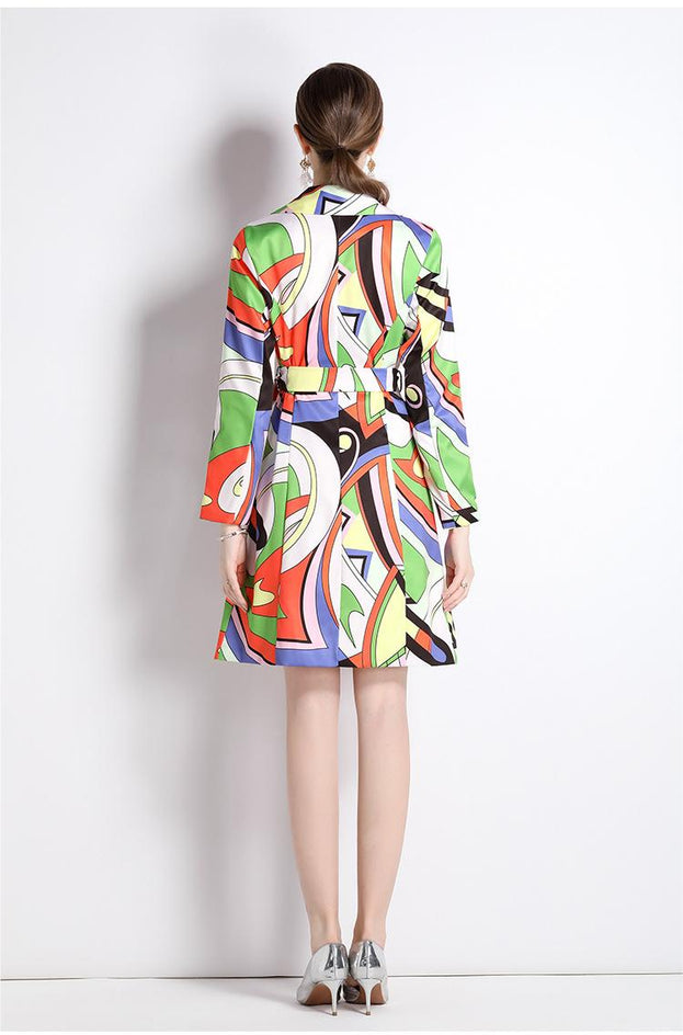 Fashion Printed Suit Collar Coat Temperament Waist Slimming Breasted Mid-Length Trench Coat