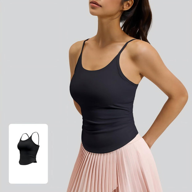 Waist-Closing Pleated Sports Top with Built-in Cups